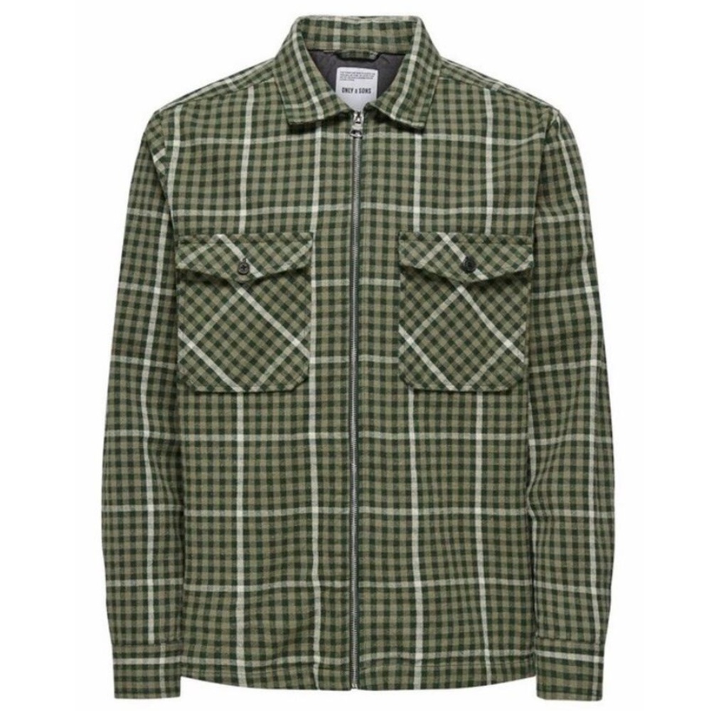 Only & Sons Men's Large Spruce Checkered Zippered Flannel